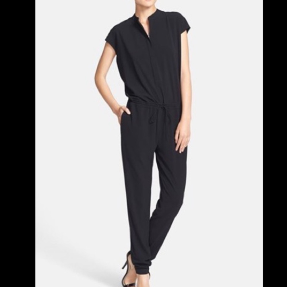 Vince high mock neck zip front cap sleeve drawstring pocketed jumpsuit